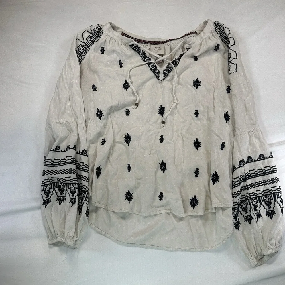 Knox Rose Top Womens L Peasant Embroidered Raglan Sleeve Tie‎ Neck White Boho